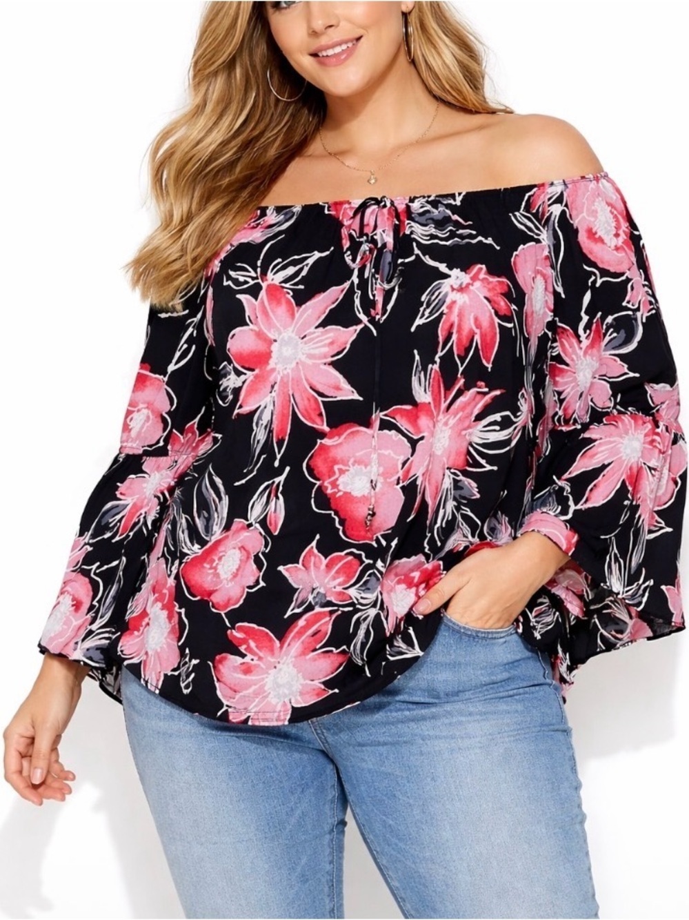 - NAIF brand off shoulder floral print black and pink flowy blouse SZ L